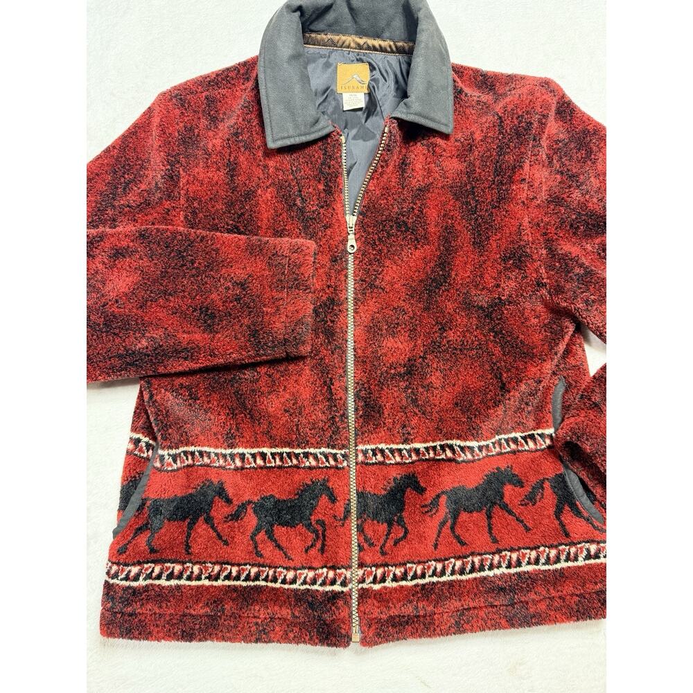 VTG Tsunami Canada Horse Print Fleece Sz M Jacket Full Zip Red Black Southwest